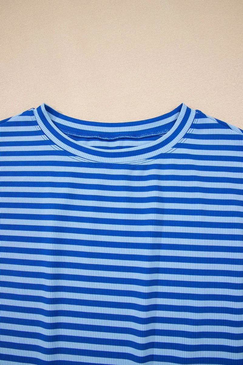 Women's Cap Sleeve T-Shirt Women's T-Shirt - Blue Stripe Ribbed Cap Sleeve - Daily Wear