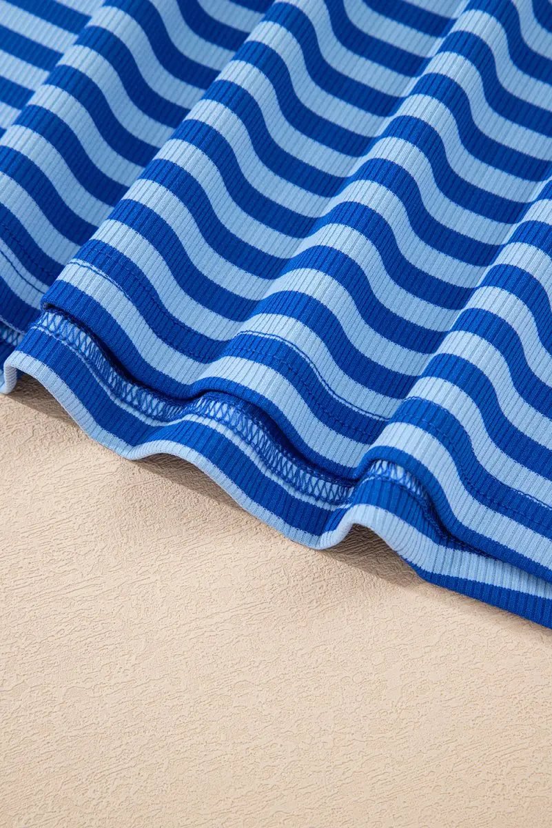 Women's Cap Sleeve T-Shirt Women's T-Shirt - Blue Stripe Ribbed Cap Sleeve - Daily Wear