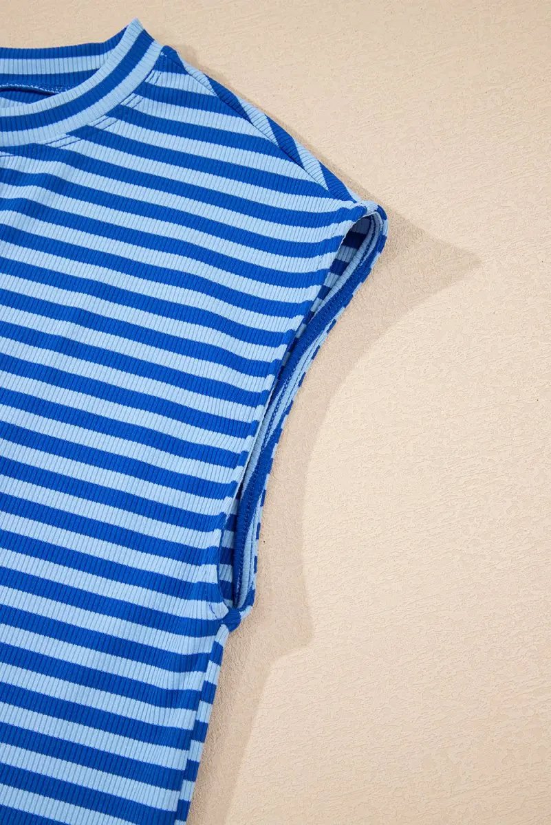 Women's Cap Sleeve T-Shirt Women's T-Shirt - Blue Stripe Ribbed Cap Sleeve - Daily Wear