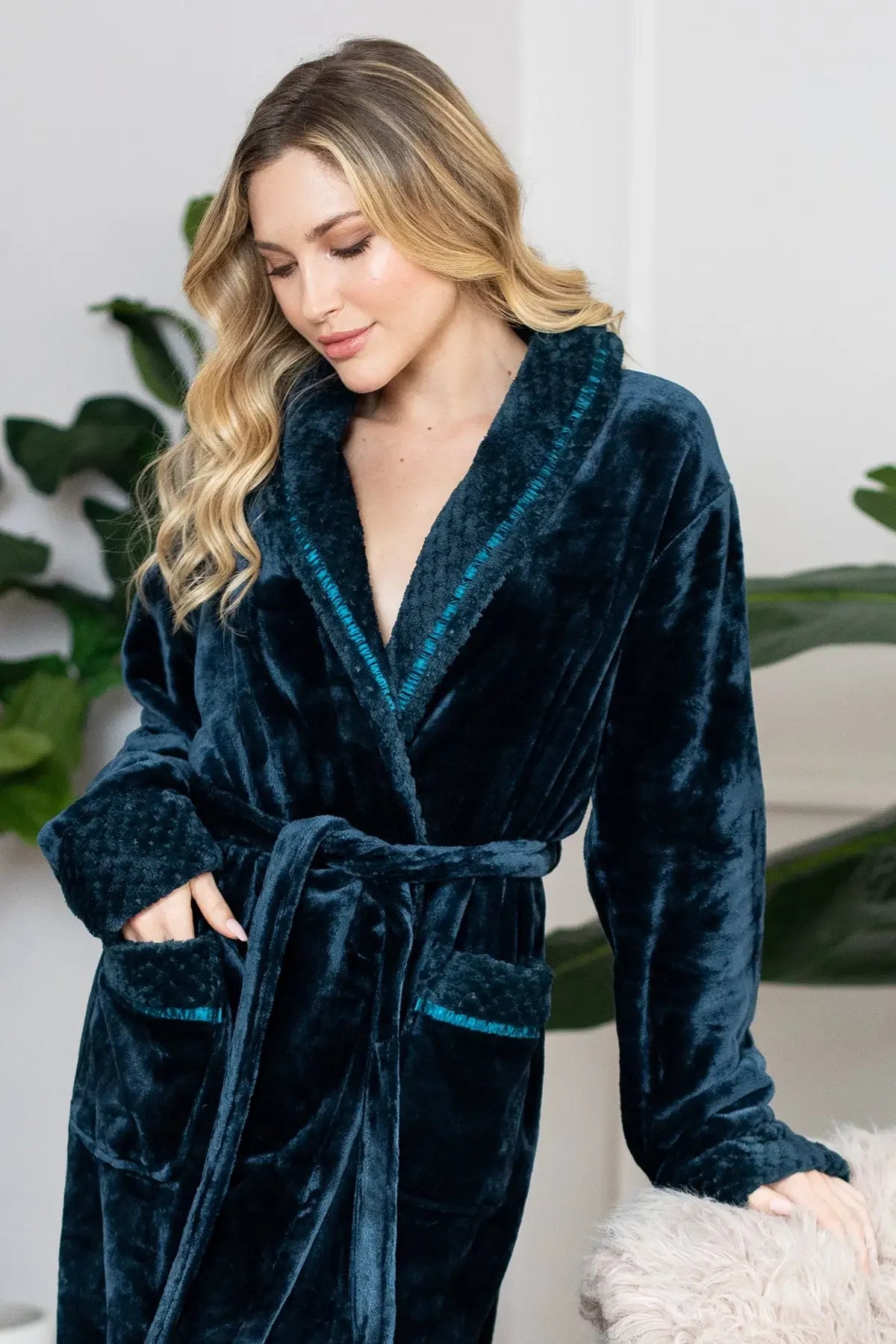 CloudSoft microfiber plush bathrobe with shawl collar and waist belt
