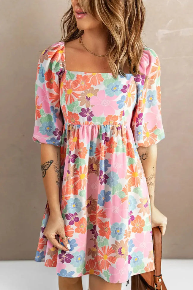 Stylish Floral Half Sleeve Mini Dress