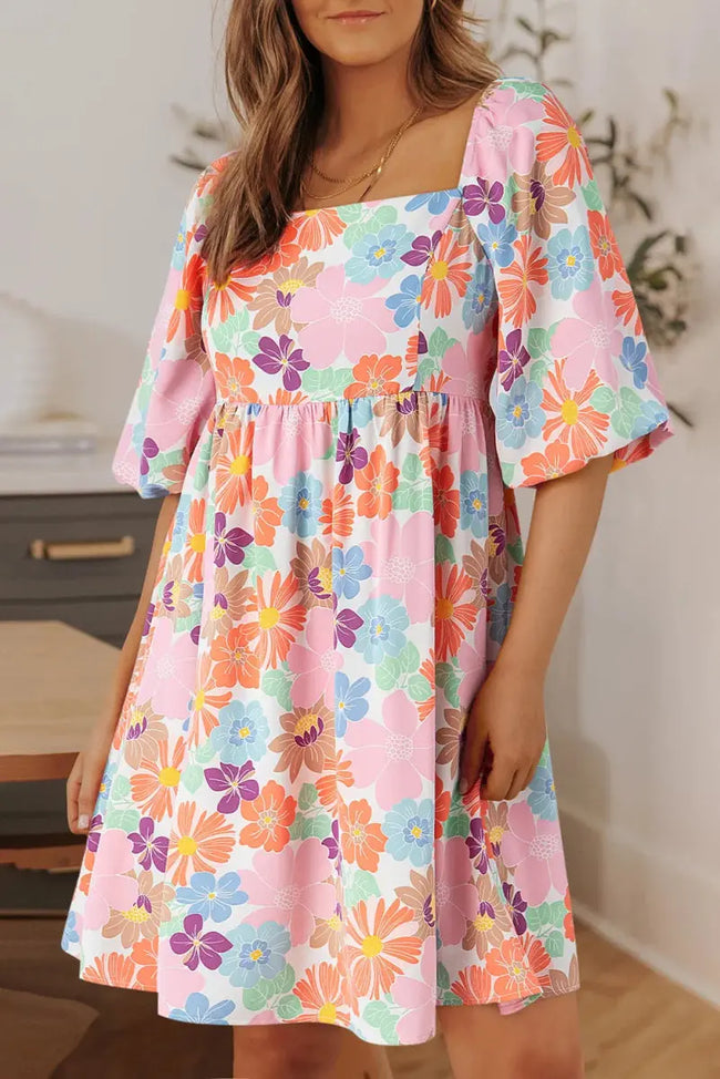 Stylish Floral Half Sleeve Mini Dress