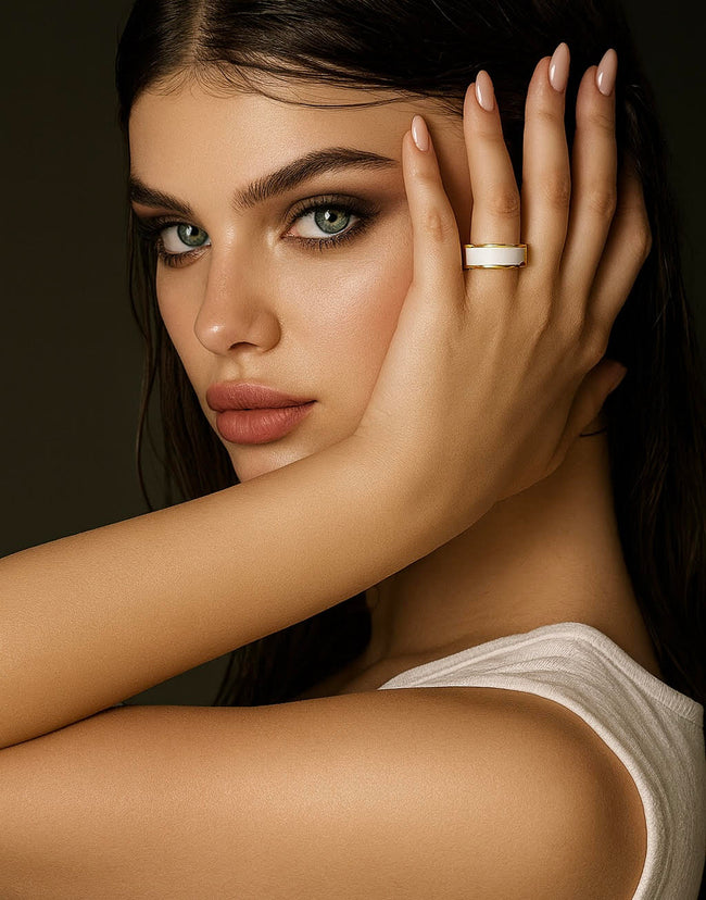 Elevated 18K Gold Plated White Enamel Ring [Wide Band]