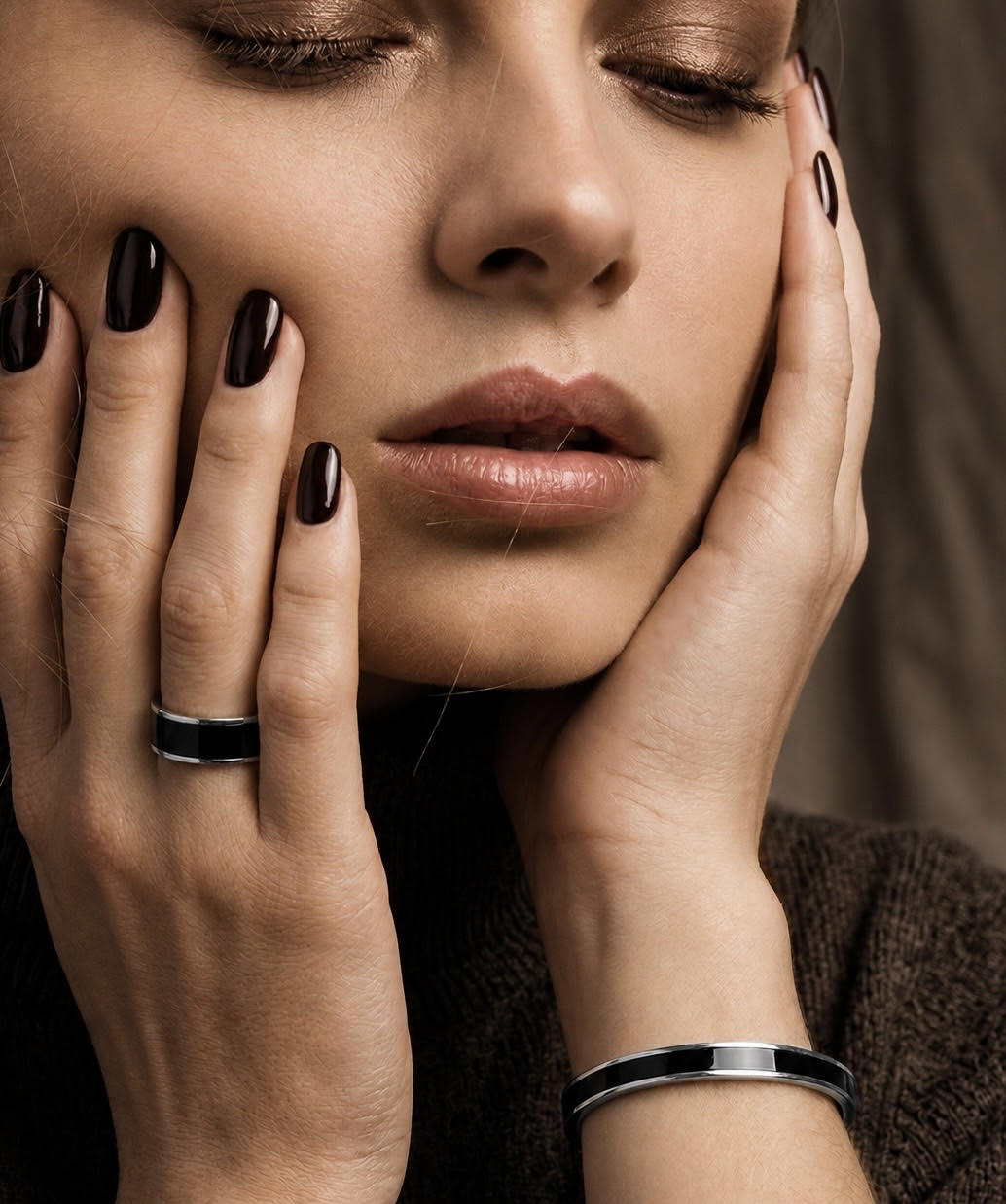 Black enamel and stainless steel wide-band ring