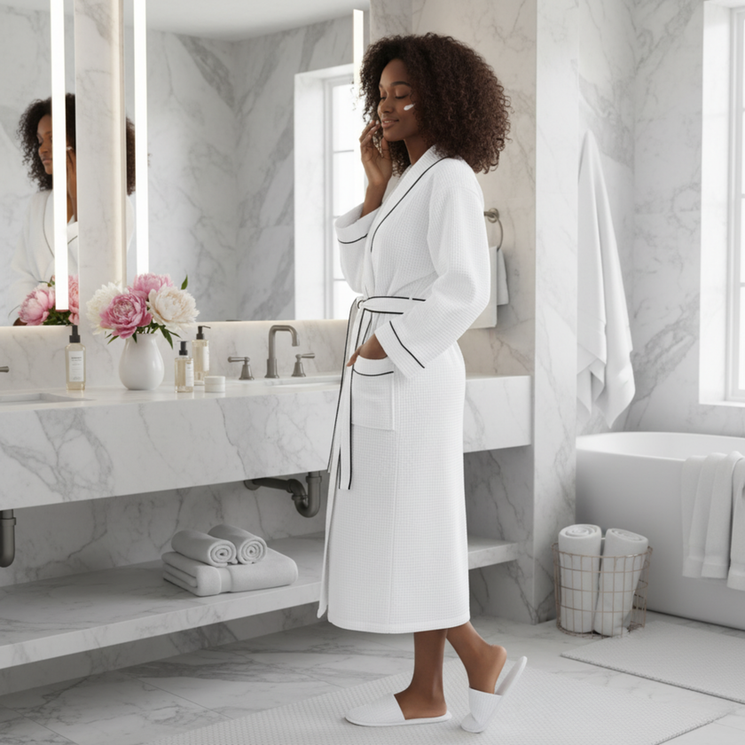 Elegant Spa-Style Elegant Waffle Piping Bathrobe