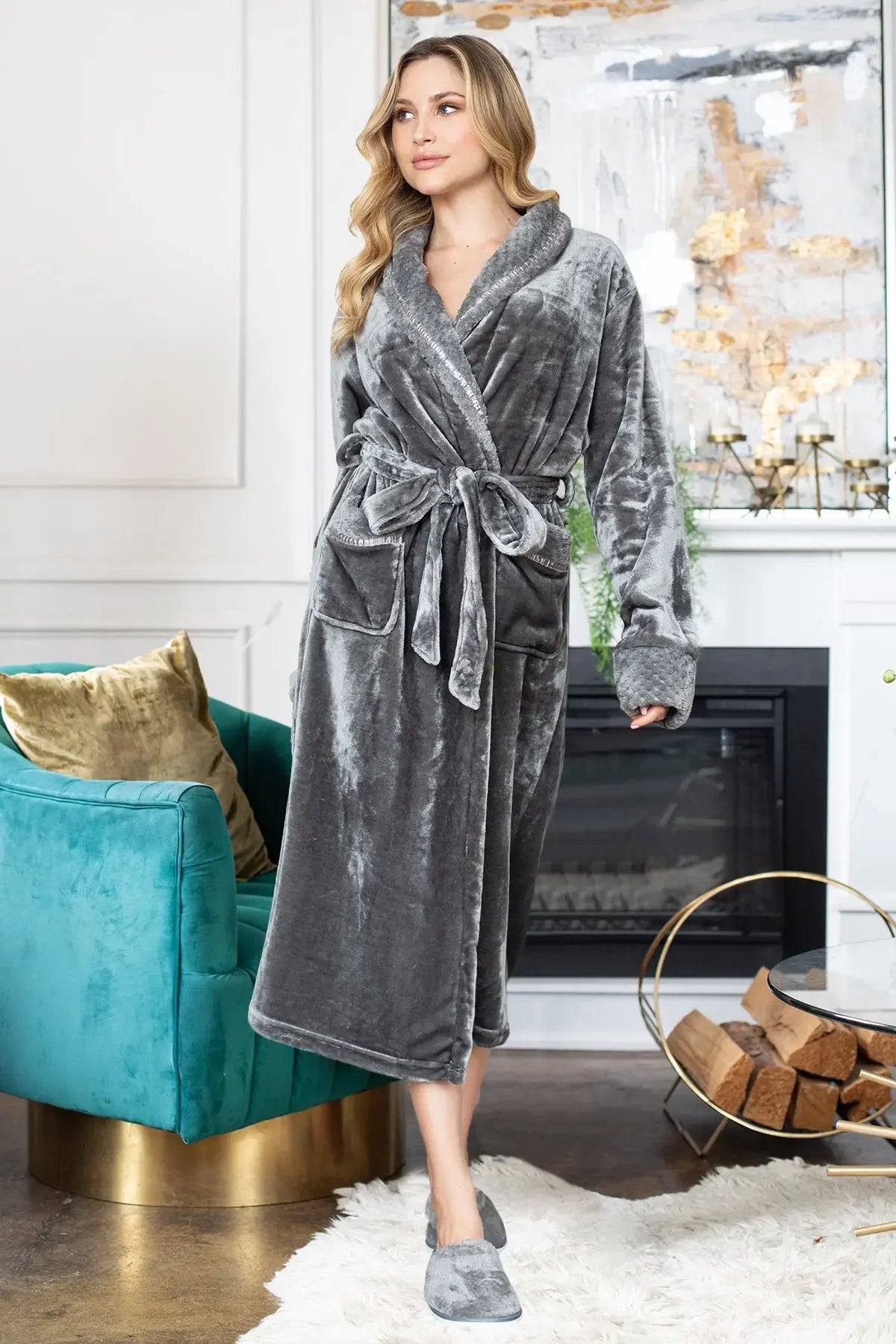 CloudSoft microfiber plush bathrobe with shawl collar and waist belt